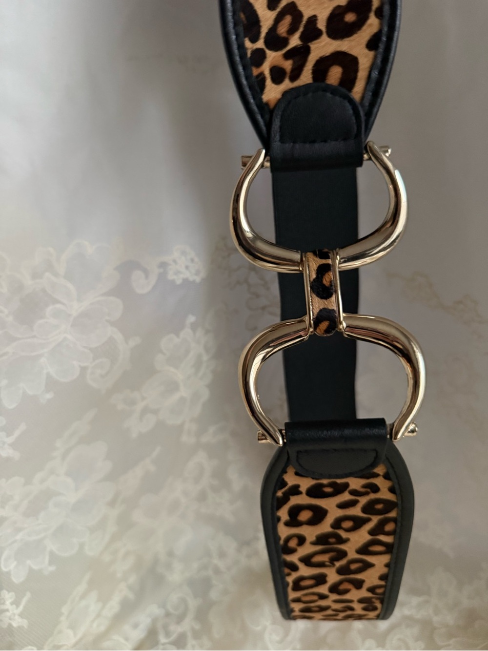 Chico’s Leopard Print Calf Hair Gold Statement Leather Horsebit Buckle 40.5”